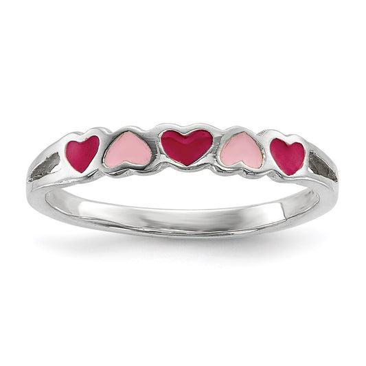 Sterling Silver Rhodium Plated Children'S Enameled Hearts Ring