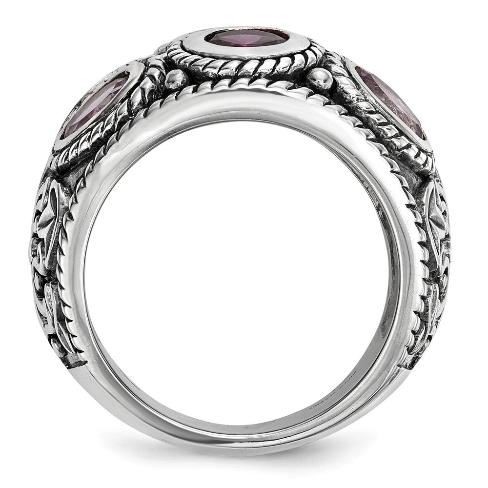 Silver/14K Two Tone Sterling Silver Rhod. 14K Pink Qrtz Rhodolite Ga & Tourmaline Ring