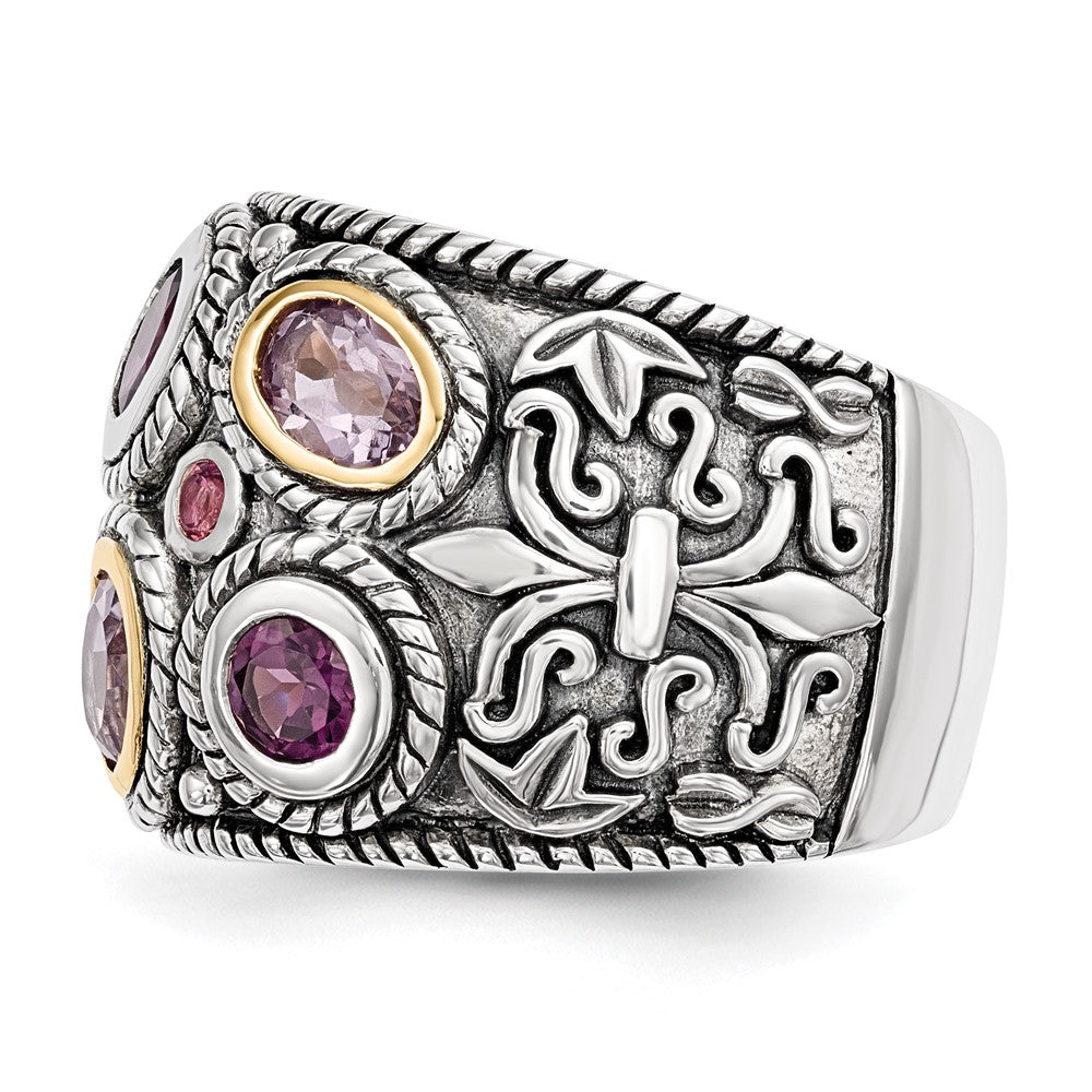 Silver/14K Two Tone Sterling Silver Rhod. 14K Pink Qrtz Rhodolite Ga & Tourmaline Ring