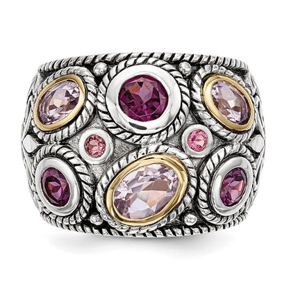 Silver/14K Two Tone Sterling Silver Rhod. 14K Pink Qrtz Rhodolite Ga & Tourmaline Ring