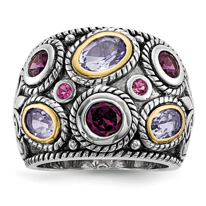 Silver/14K Two Tone Sterling Silver Rhod. 14K Pink Qrtz Rhodolite Ga & Tourmaline Ring