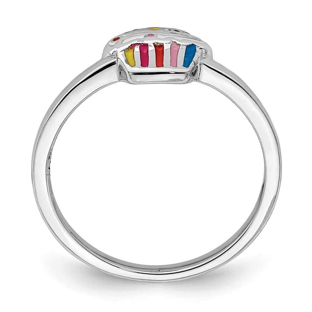 Sterling Silver Rh Plated Multi Color Enameled Cupcake Children'S Ring