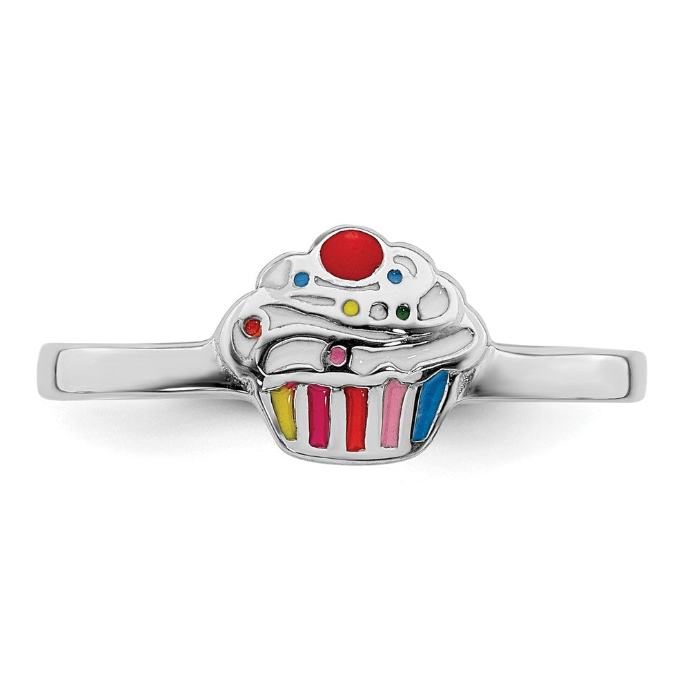 Sterling Silver Rh Plated Multi Color Enameled Cupcake Children'S Ring