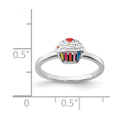 Sterling Silver Rh Plated Multi Color Enameled Cupcake Children'S Ring