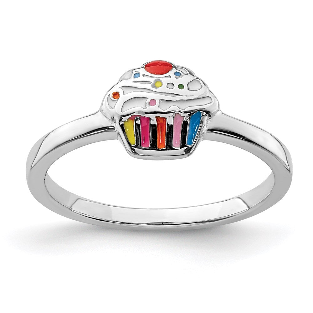 Sterling Silver Rh Plated Multi Color Enameled Cupcake Children'S Ring