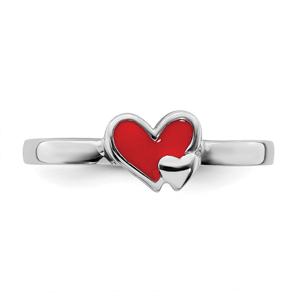 Sterling Silver Rh Plated Red Enameled Double Heart Children'S Ring