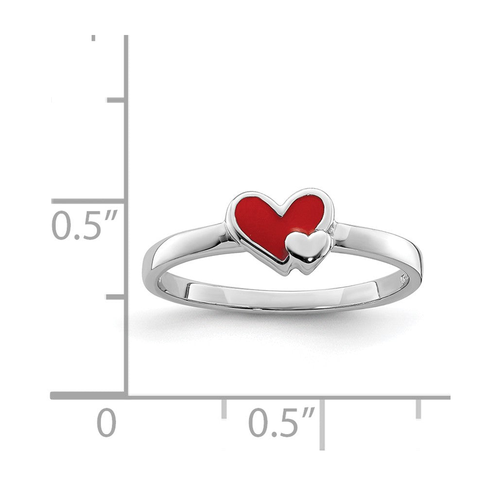 Sterling Silver Rh Plated Red Enameled Double Heart Children'S Ring