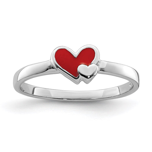 Sterling Silver Rh Plated Red Enameled Double Heart Children'S Ring