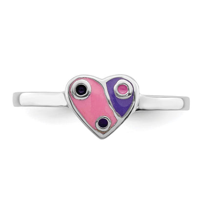 Sterling Silver Rh Plated Pink & Purple Enameled Heart Children'S Ring