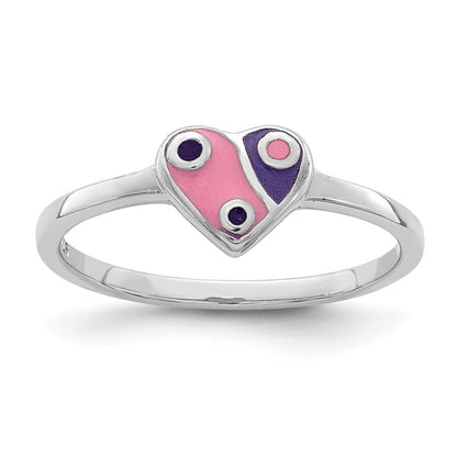 Sterling Silver Rh Plated Pink & Purple Enameled Heart Children'S Ring