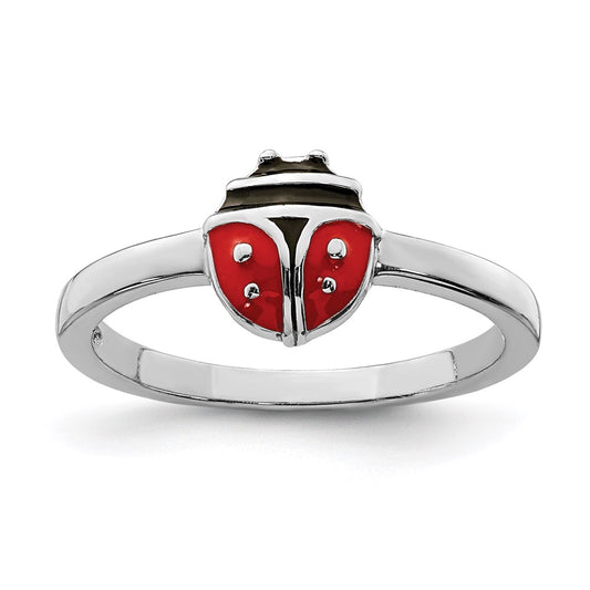 Sterling Silver Rhod Plated Polished & Enameled Ladybug Children'S Ring