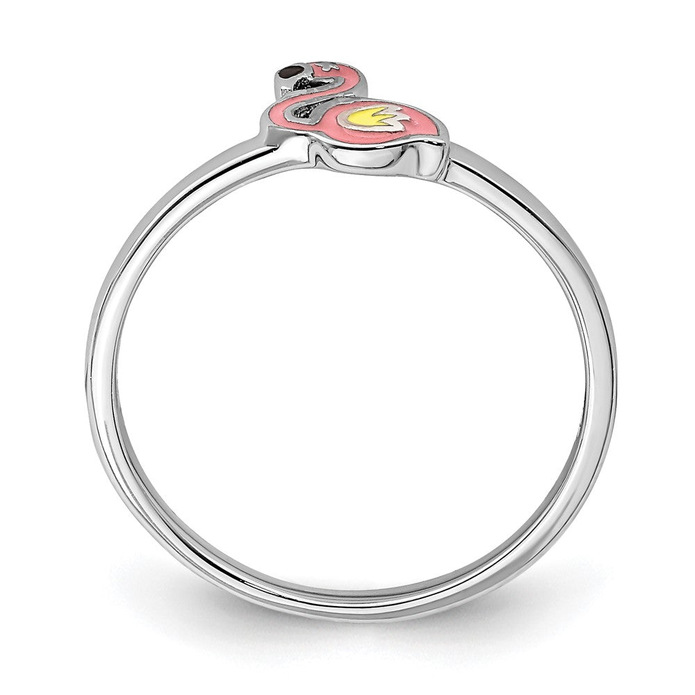 Sterling Silver Rhodium Plated Multi Color Enameled Flamingo Children'S Ring