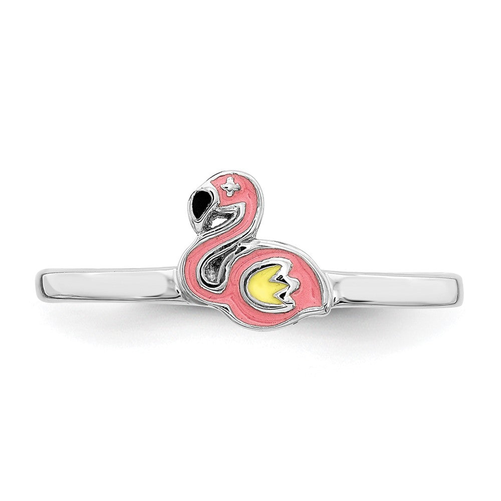 Sterling Silver Rhodium Plated Multi Color Enameled Flamingo Children'S Ring