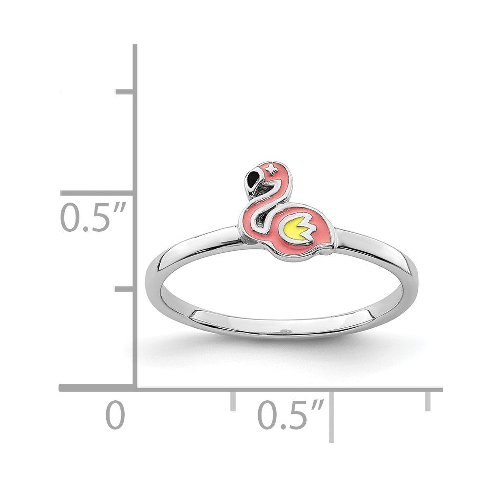 Sterling Silver Rhodium Plated Multi Color Enameled Flamingo Children'S Ring
