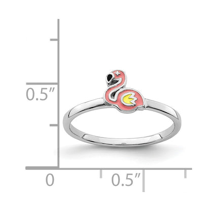 Sterling Silver Rhodium Plated Multi Color Enameled Flamingo Children'S Ring