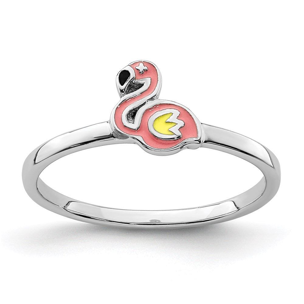 Sterling Silver Rhodium Plated Multi Color Enameled Flamingo Children'S Ring