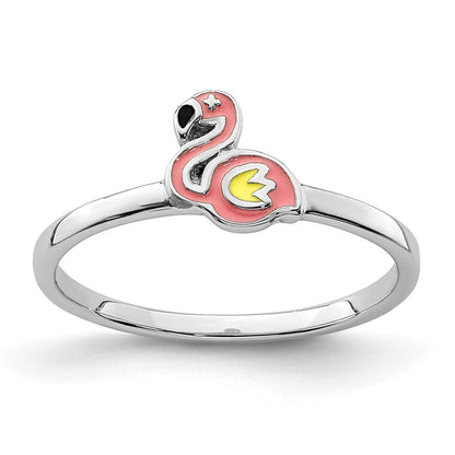 Sterling Silver Rhodium Plated Multi Color Enameled Flamingo Children'S Ring