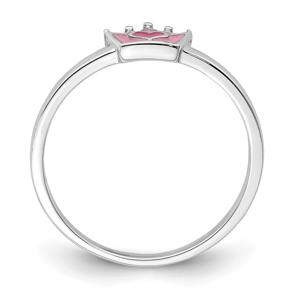 Sterling Silver Rhodium Plated Polished Pink Enamel Crown Children'S Ring