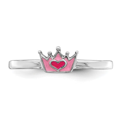 Sterling Silver Rhodium Plated Polished Pink Enamel Crown Children'S Ring