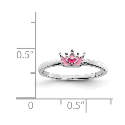 Sterling Silver Rhodium Plated Polished Pink Enamel Crown Children'S Ring