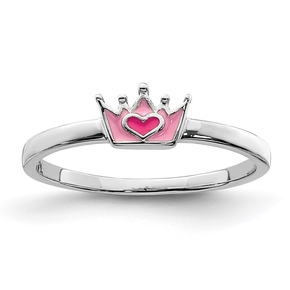 Sterling Silver Rhodium Plated Polished Pink Enamel Crown Children'S Ring