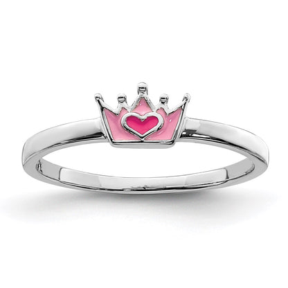 Sterling Silver Rhodium Plated Polished Pink Enamel Crown Children'S Ring