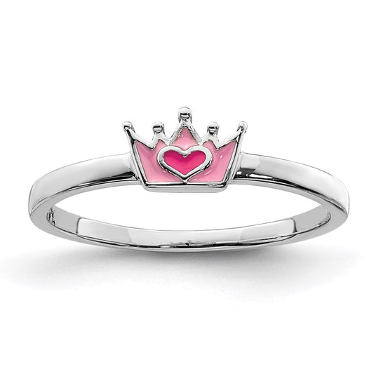 Sterling Silver Rhodium Plated Polished Pink Enamel Crown Children'S Ring