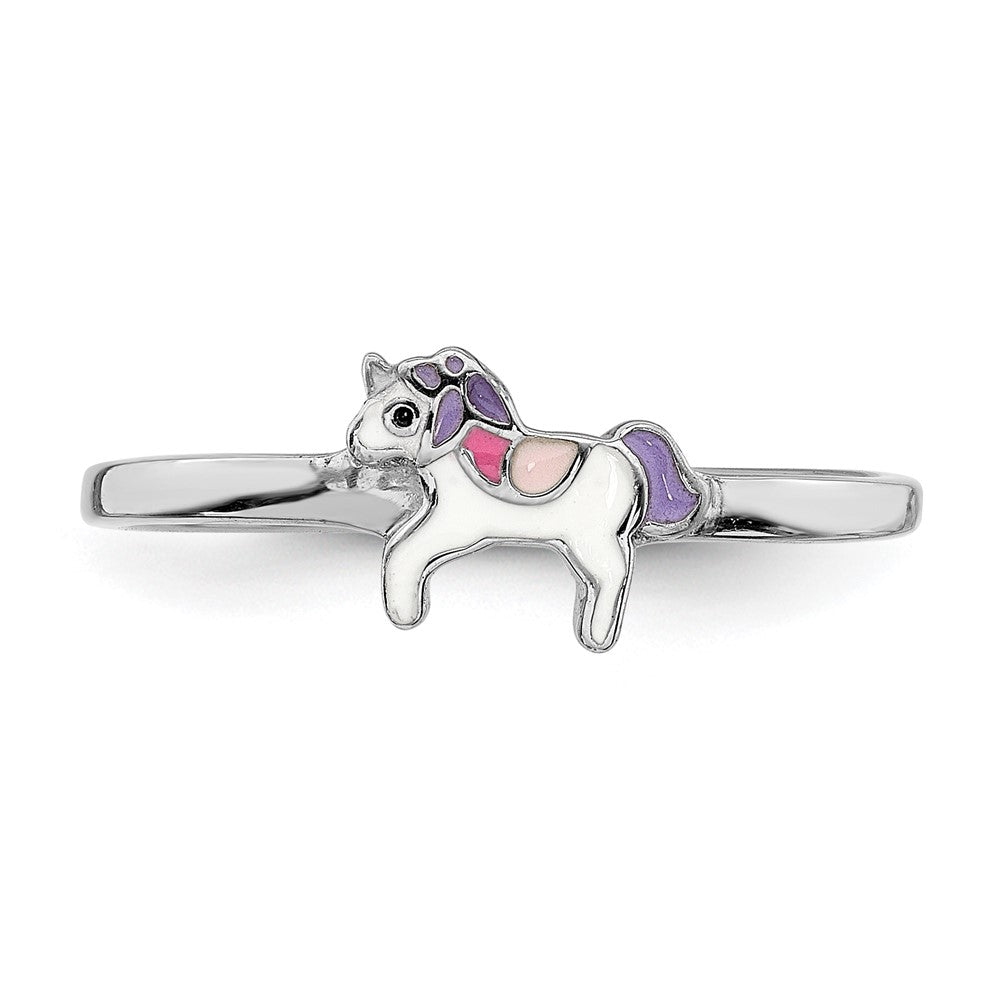 Sterling Silver Rh Plated Multi Color Enameled Unicorn Children'S Ring