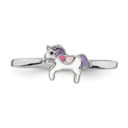 Sterling Silver Rh Plated Multi Color Enameled Unicorn Children'S Ring