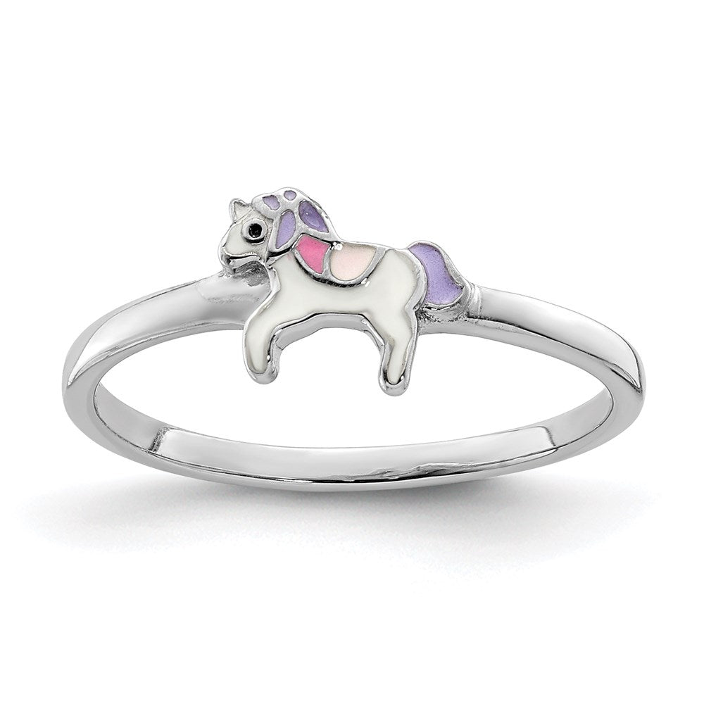 Sterling Silver Rh Plated Multi Color Enameled Unicorn Children'S Ring