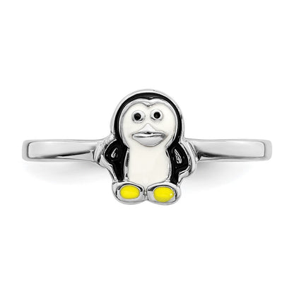 Sterling Silver Rhodium Plated Childs Enameled Penguin Ring (Size 3 Only)