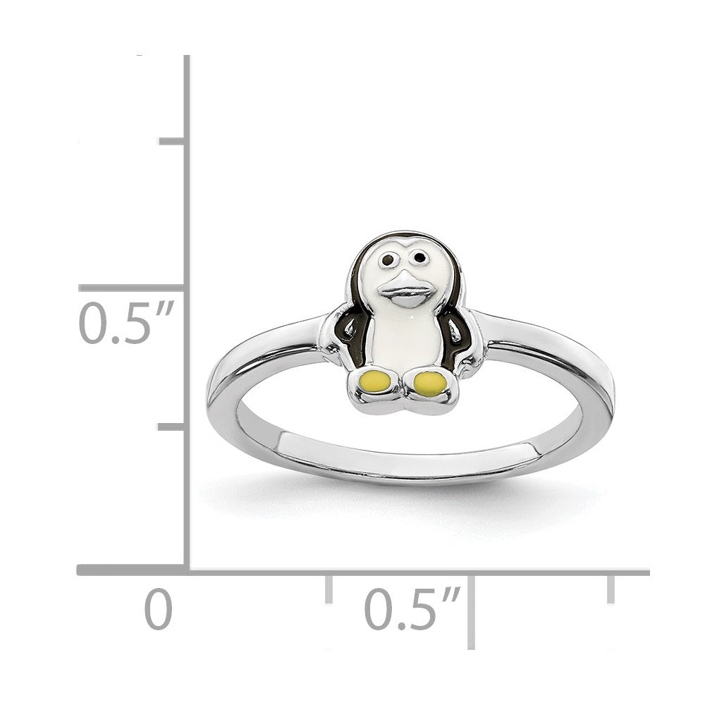 Sterling Silver Rhodium Plated Childs Enameled Penguin Ring (Size 3 Only)