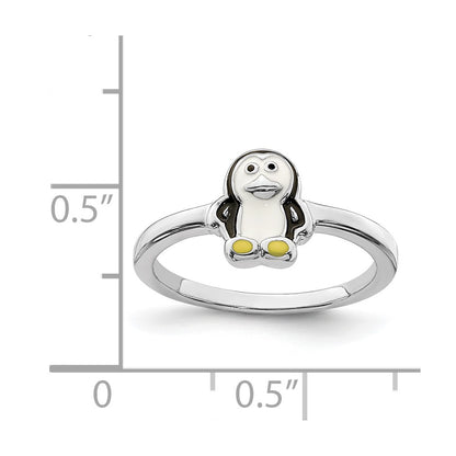 Sterling Silver Rhodium Plated Childs Enameled Penguin Ring (Size 3 Only)