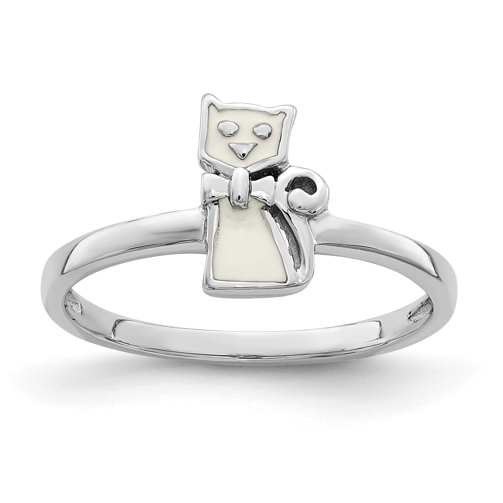 Sterling Silver Rhodium Plated Childs Enameled White Cat Ring (Size 4 Only)