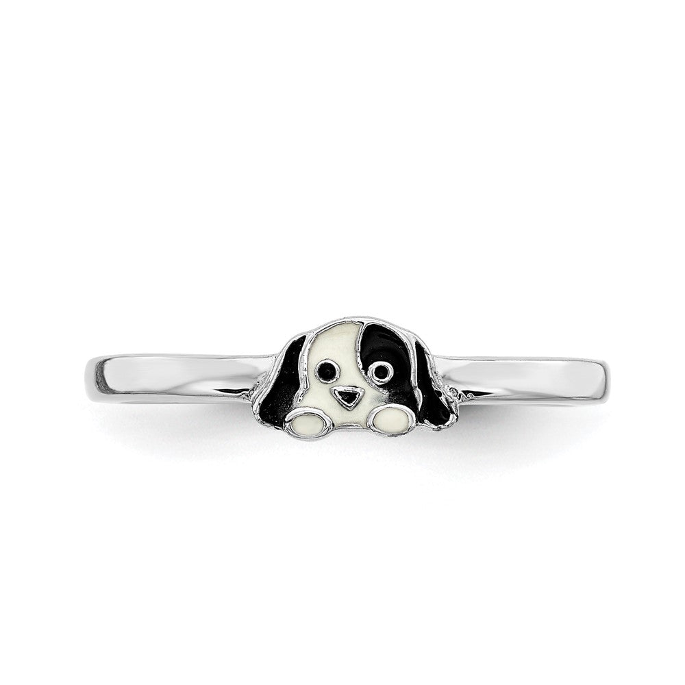Sterling Silver Rh Plated Black & White Enameled Puppy Children'S Ring