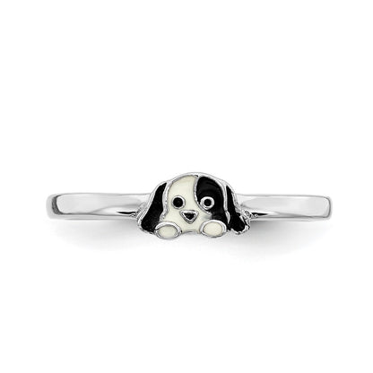 Sterling Silver Rh Plated Black & White Enameled Puppy Children'S Ring