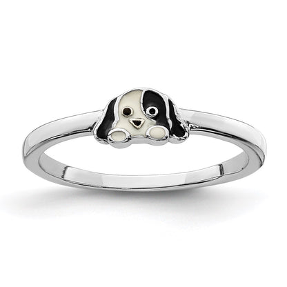 Sterling Silver Rh Plated Black & White Enameled Puppy Children'S Ring