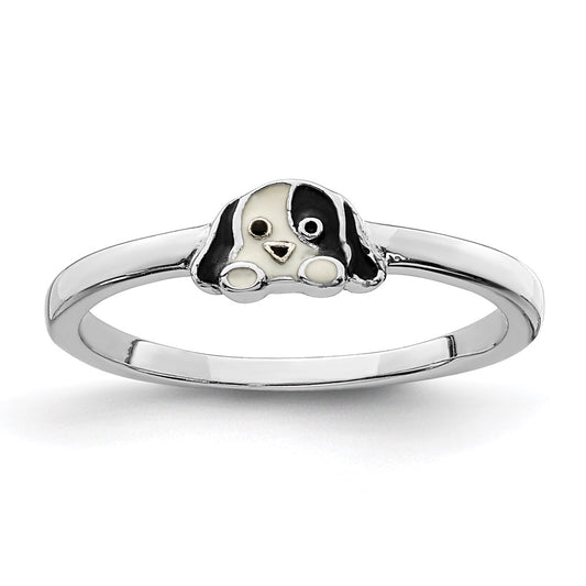 Sterling Silver Rh Plated Black & White Enameled Puppy Children'S Ring