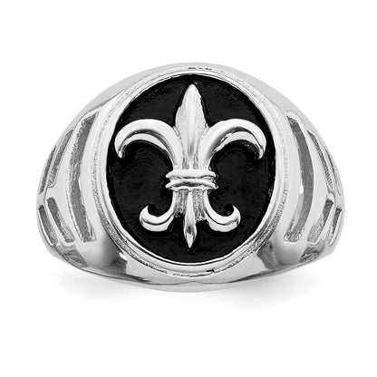 Sterling Silver Rhodium Plated & Antiqued Fleur De Lis Ring