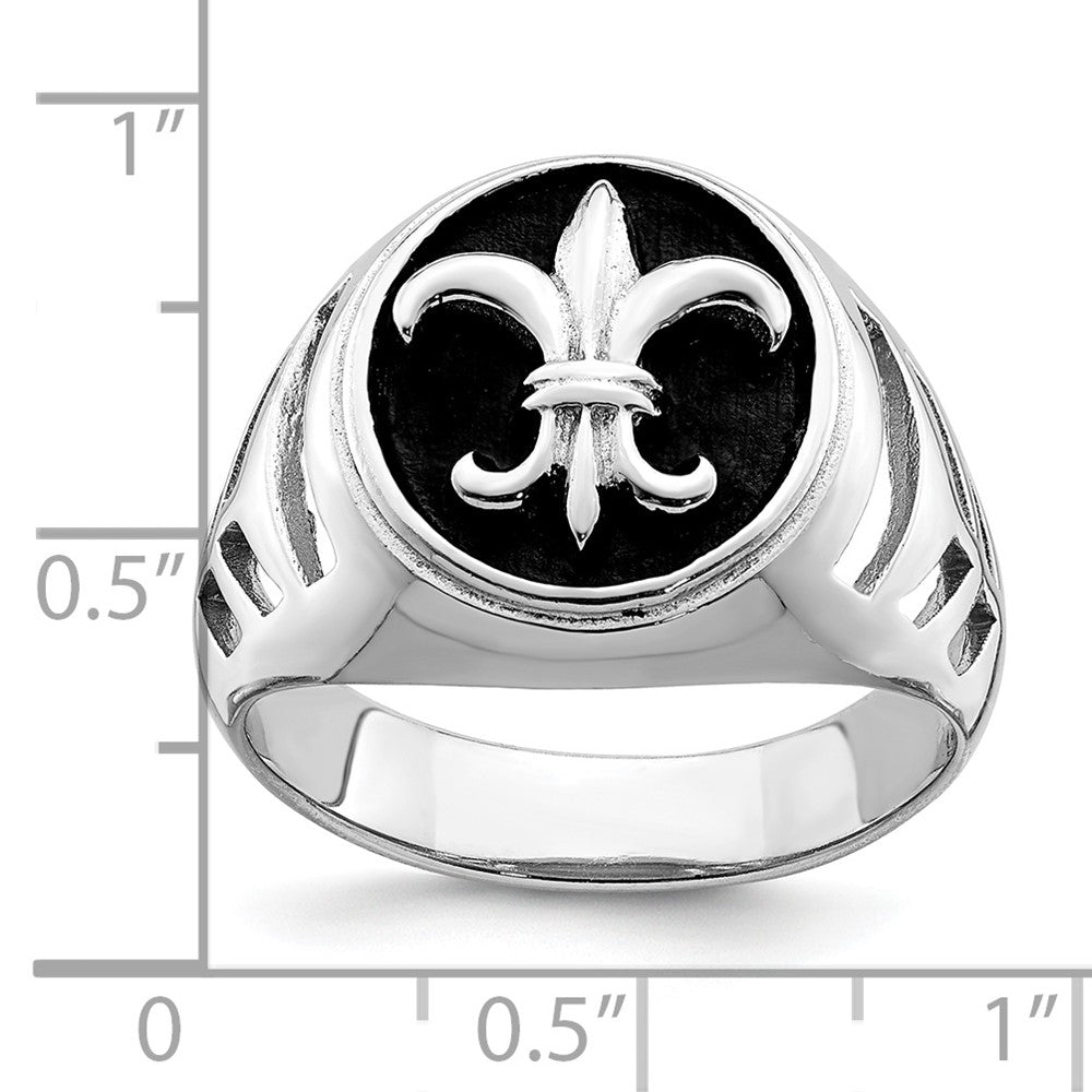 Sterling Silver Rhodium Plated & Antiqued Fleur De Lis Ring