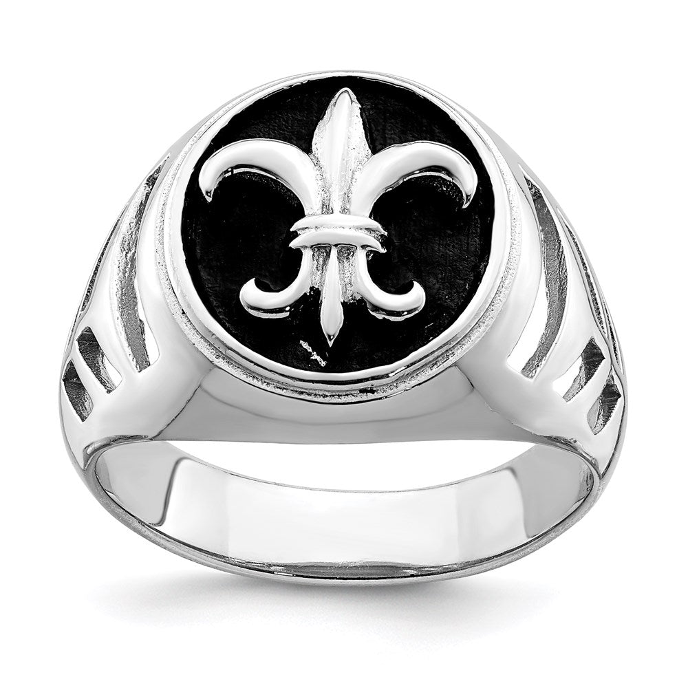 Sterling Silver Rhodium Plated & Antiqued Fleur De Lis Ring