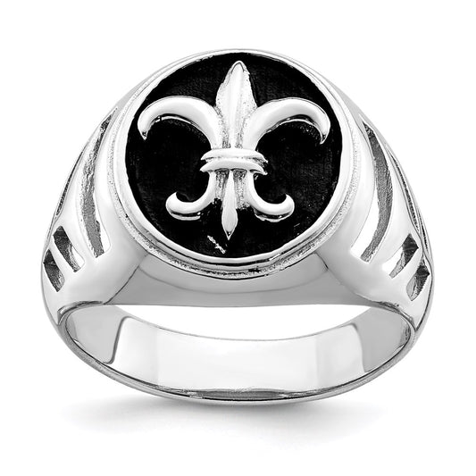 Sterling Silver Rhodium Plated & Antiqued Fleur De Lis Ring