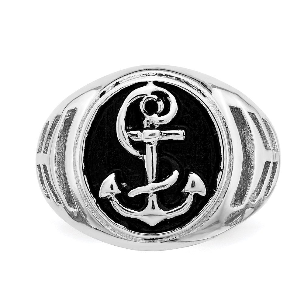 Sterling Silver Rhodium Plated & Antiqued Anchor Ring