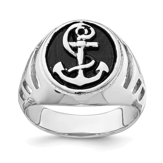 Sterling Silver Rhodium Plated & Antiqued Anchor Ring