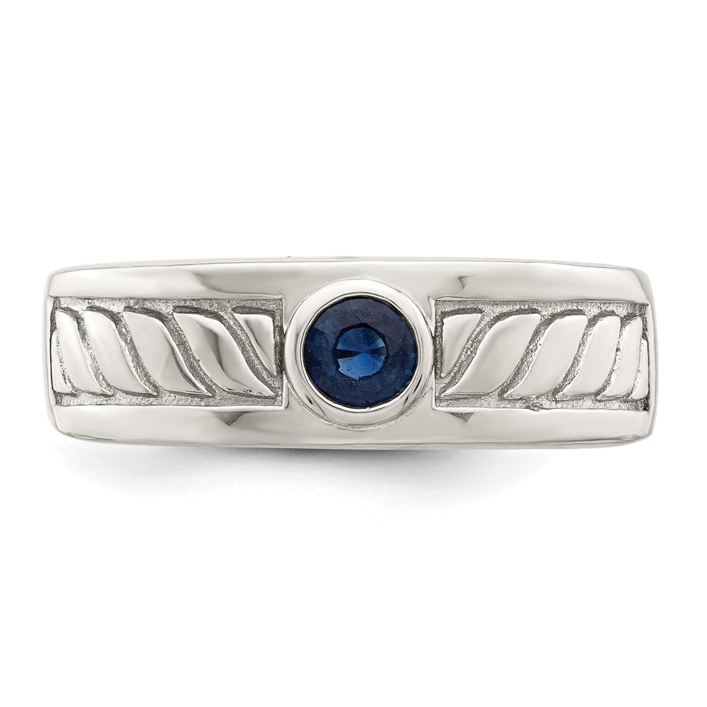 Sterling Silver Rhodium Plated Men'S Blue Sapphire Ring