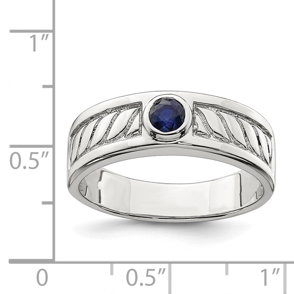Sterling Silver Rhodium Plated Men'S Blue Sapphire Ring