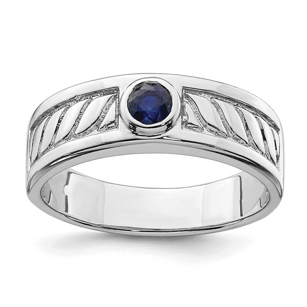 Sterling Silver Rhodium Plated Men'S Blue Sapphire Ring