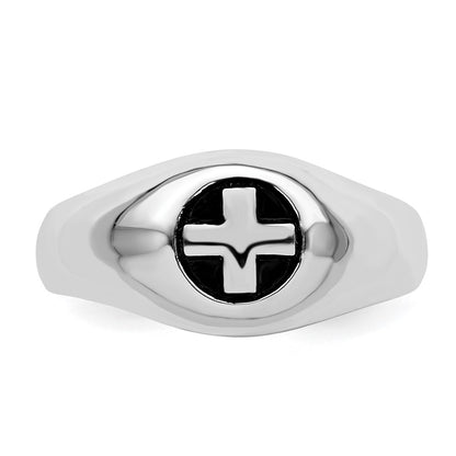 Sterling Silver Rhodium Plated & Antiqued Cross Ring