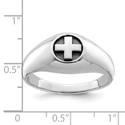 Sterling Silver Rhodium Plated & Antiqued Cross Ring