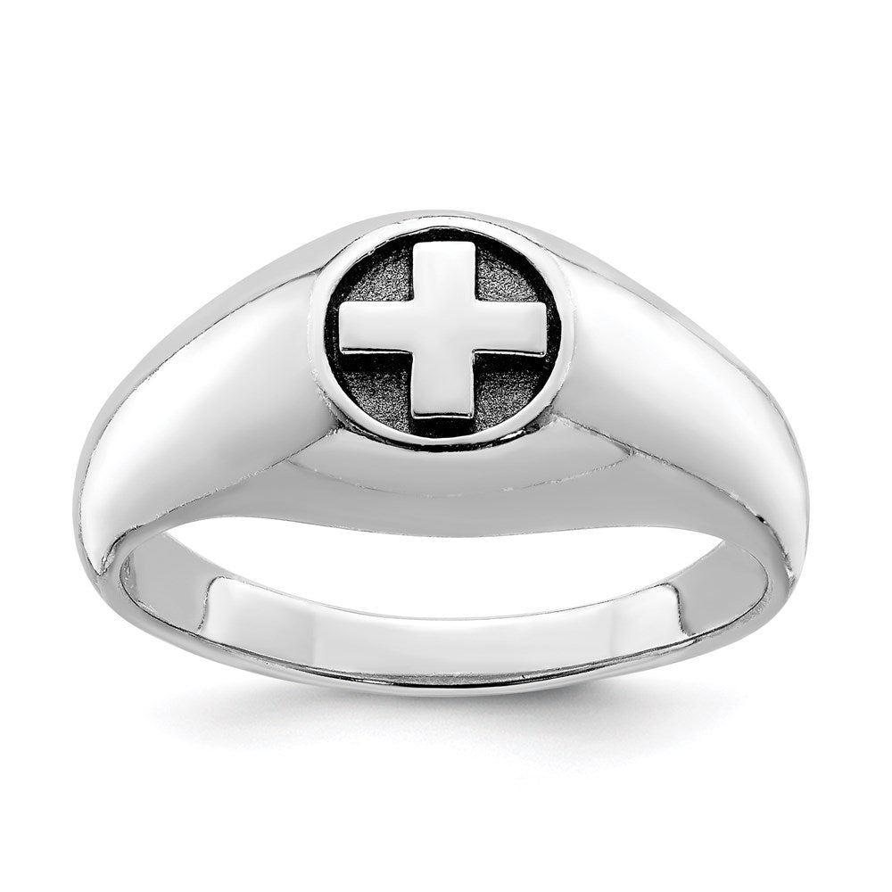 Sterling Silver Rhodium Plated & Antiqued Cross Ring